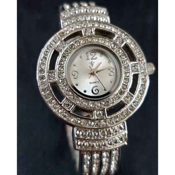 Ladies Quartz Fancy Round Crystal Bling Dress Bracelet Women's Cuff Watch - Picture 1 of 8